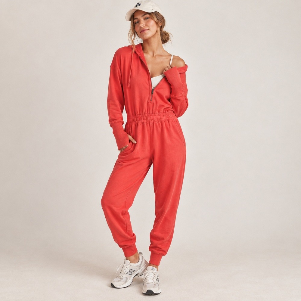 FP Movement Training Day Jumpsuit Women XS Red Hood 1/2 Zip One Piece Long Sleev
